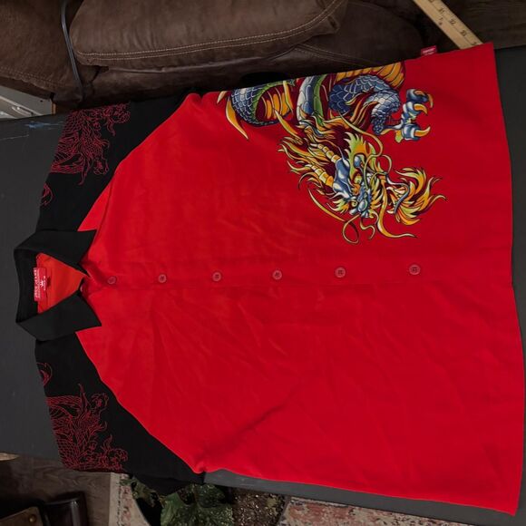 JNCO JEANS Shirt Men's Size L Red Black Button-Up Short Sleeve DRagon wrap aroun - Picture 2 of 11
